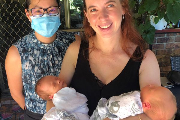 Researcher Thuy Frakking with new mum Katie and twins Eamon and Auley.
