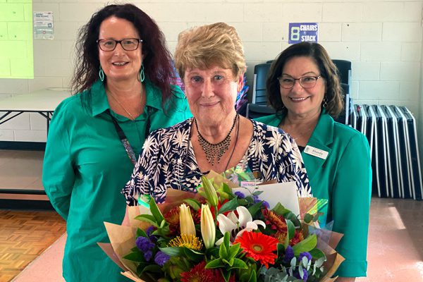 Re-elected Auxiliary President, Liz Hancock with Redcliffe Hospital facility services team members, Lara Mark and Rhonda Neal.