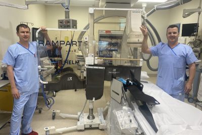 Dr Rustem Dautov and Jim Crowhurst with the new Rampart radiation shield which is reducing radiation exposure for staff during cardiac angiography procedures