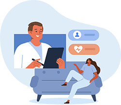 vw-2 Illustration of a patient on a couch talking to their doctor on a screen.