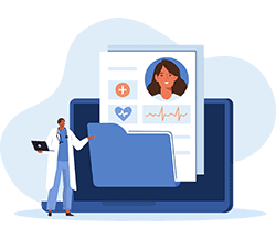 vw-3 Illustration of a doctor looking at a patient's file on a laptop computer.