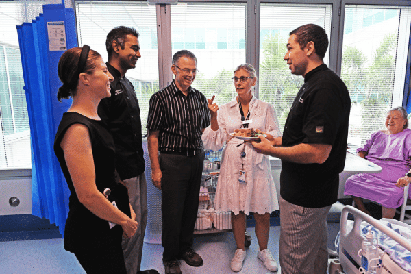 Project team (L-R) RBWH Dietitian Felicity Myers; RBWH Chef Sreejith Unni; Consumer Advocate Dale Trevor, RBWH Director Dietetics and Food Services Dr Merrilyn Banks; patient Heather Dent and RBWH Chef David Abdelnour Melendez.