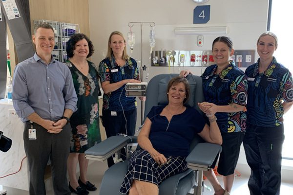 The team welcomes the first cancer care patient to Bribie Island Satellite Health Centre Cancer Care Service