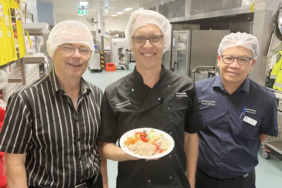 RBWH Consumer Representative Dale, Quality Improvement Cook Scott and Site Coordinator Erwin with the new salmon salad.