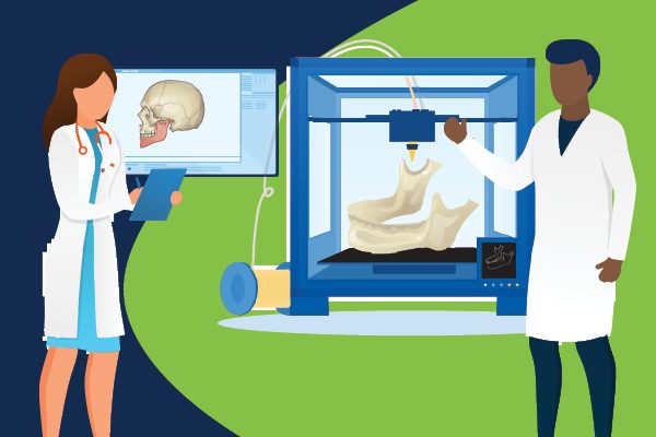man and woman in lab coats with 3D printer