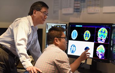 Two clinicians looking at scans on screen