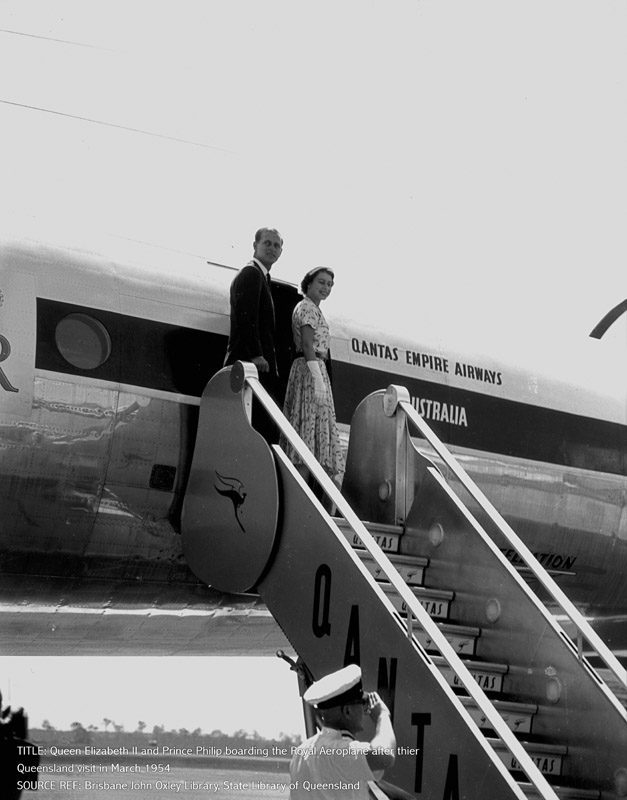 Queen Elizabeth II and Prince Philip boarding the Royal Aeroplane after their Queensland visit in 1954