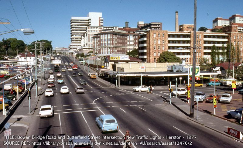 Bowen Bridge Road and Butterfield Street intersection, new traffic lights, Herston - 1977