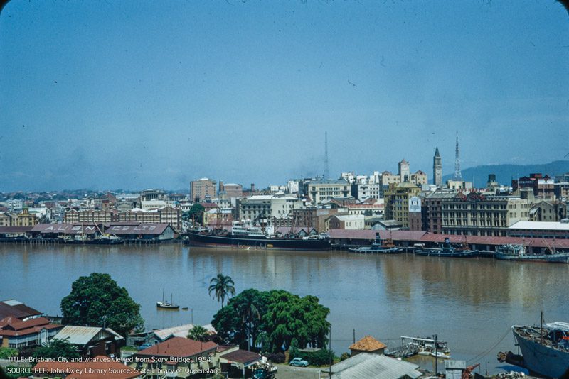 Brisbane City and wharves as viewed from the Story Bridge - 1954