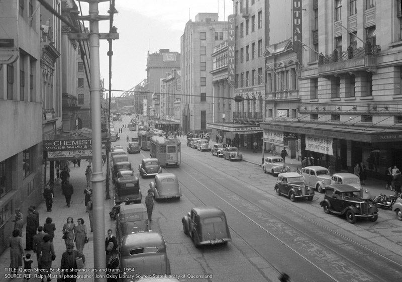 Queen Street, Brisbane, showing cars and trams - 1954