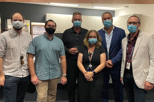 QUT Creative Industries Team. Pictured left to right: Mark Ryan, Paul Van Opdenbosch, Joe Carter, Tfer Newsome, Sorin Oancea and Prof Martin Wullschleger, Director RBWH Trauma Service.
