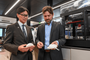 Professor Owen Ung and Dr Michael Wagels look at the scaffolding